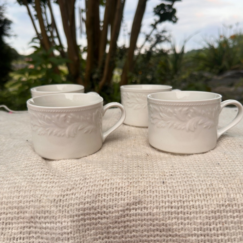 Garland Coffee Mugs Set of 4 6837 Cream Stoneware Embossed Leaf Vine Pattern